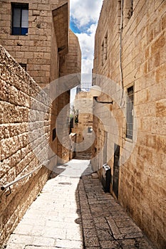 Beatiful narrow street of Jerusalem Old City on sunny day