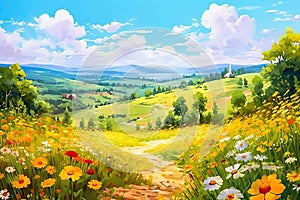 Beautiful natural spring summer landscape of a flowering medow