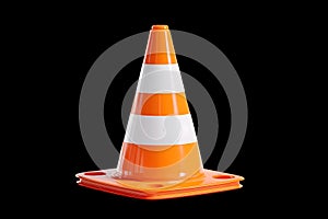 Orange traffic cone with white stripes on black background