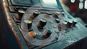 Vintage industrial control panel close up with rustic metal knobs and gauges