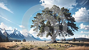 Beatiful sky, giant tree in center, landscape, Human near a tree