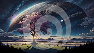 Beatiful sky, giant tree in center, landscape, Human near a tree