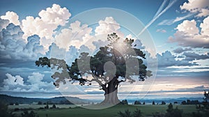 Beatiful sky, giant tree in center, landscape, Human near a tree