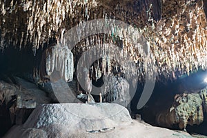 beatiful of Stalactite and Stalagmite in Tham Lay Khao Kob Cave in Trang, thailand