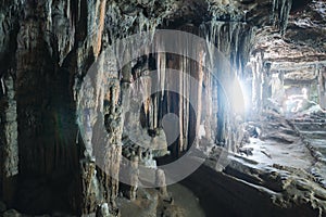 beatiful of Stalactite and Stalagmite in Tham Lay Khao Kob Cave in Trang, thailand photo