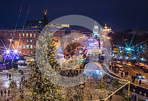 Beatiful view of Christmas on Sophia Square in Kyiv, Ukraine. Main Kyiv`s New Year tree and Saint Sophia Cathedral on the backgro