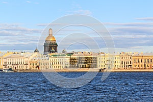 Beatiful view Neva river with Isaakievsky Cathedral in Saint Pet