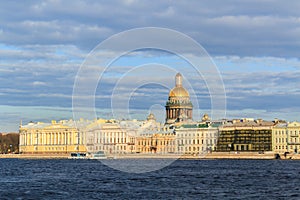 Beatiful view Neva river with Isaakievsky Cathedral in Saint Pet