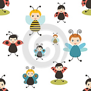 Beatles cartoon seamless pattern. Bee, butterfly, ladybird. Baby, kid, child design