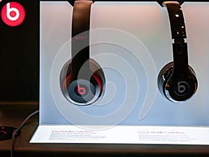 Beats Solo 3 wireless headphones on display in gadgets store. Bluetooth earbuds is very popular because newest models of mobile ph