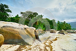 Beau Vallon Bay with granit rocks - Beach on island Mahe in Seychelles