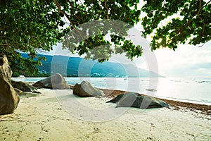 Beau Vallon Bay with granit rocks - Beach on island Mahe in Seychelles