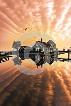 Beaucoutif typical Dutch wooden houses architecture mirrored on