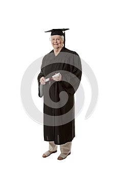 Beauitiful Caucasian woman in a black graduation gown with diploma