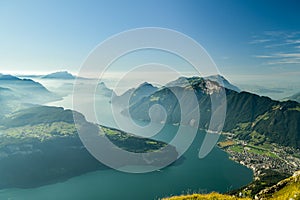 Beauitufl view on Swiss Alps and Lake Lucerne as seen from top of Fronalpstock close to Stoos village