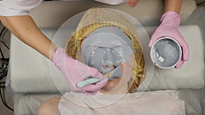 Beautician applying mud mask for woman face in the spa salon. facial rejuvenation procedure, spa treatments