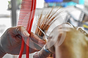 The beautician is cutting hair for the client.