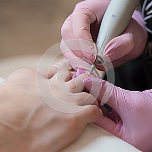 Beautician does pedicure for a woman at the beauty salon. Pedicurist using electric nail drill.