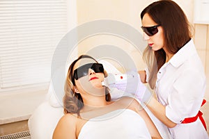 Beautician Giving Laser Epilation Treatment To Young Woman`s Face At Beauty Clinic.