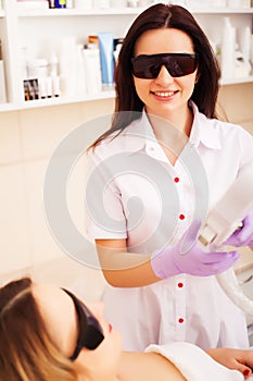 Beautician Giving Laser Epilation Treatment To Young Woman`s Face At Beauty Clinic.