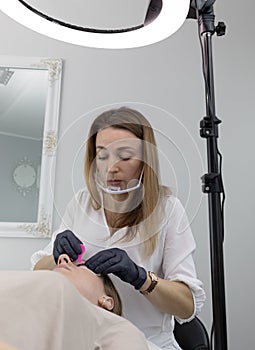 Beautician Glues Eyelashes To Lash Silicone Roller By Applicator. Eyelash Care Treatment