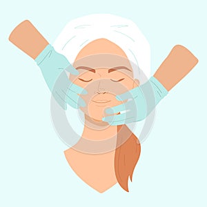 Beautician makes facial massage to a young woman. Cosmetological procedure in a beauty salon. Vector illustration in a flat style