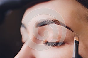 Beautician- makeup artist applies paint henna on previously plucked, design, trimmed eyebrows in a beauty salon in the