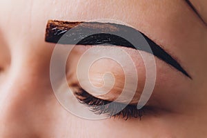 Beautician- makeup artist applies paint henna on previously plucked, design, trimmed eyebrows in a beauty salon in the