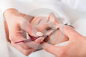 Beautician plucking eyebrows with tweezers of a woman