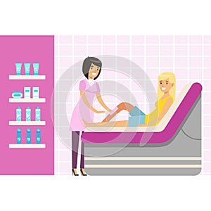 Beautician waxing woman leg at spa or beauty salon. Colorful cartoon character vector Illustration