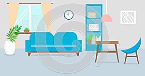 Beautifful blue living room. No people. Flat vector iilustration