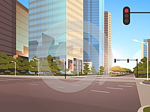 Beautifil city street asphalt road with traffic light high skyscraper modern cityscape sunshine background flat