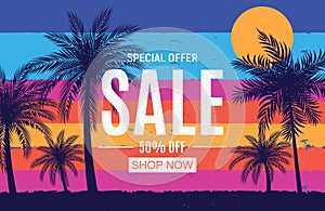 Beautifil Palm Tree Leaf Silhouette Hello Summer Background Vector Illustration