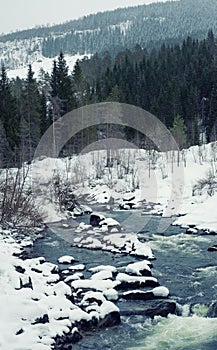 Beautifl winter mountain river in Norway