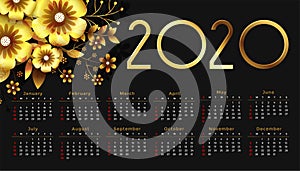 Beautiful 2020 golden flower happy new year calendar design