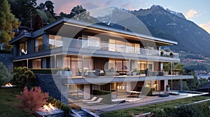 A beautiful 3-floor modern luxurious house surrounded by a garden in the sunset, with Swiss mountains in the background.