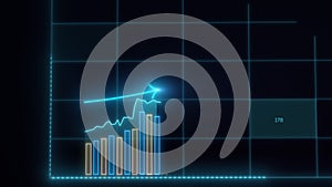 Beautiful 3D animation of rising bar graph, following the arrow, trading on the stock exchange