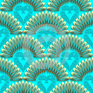 Beautiful 3d love hearts seamless pattern. Vector ornamental blue background. Luxury repeat Deco backdrop. Surface gold ornaments