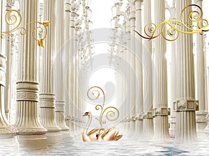 Beautiful 3d mural wallpaper for wall decoration  .  columns background in the form of a beige color tunnel with a swan, twigs and