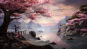 Beautiful 3D Nature and landscape wallpaper, Japanese Park with Cherry Blossom Tree