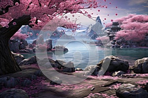 Beautiful 3D Nature and landscape wallpaper, Japanese Park with Cherry Blossom Tree