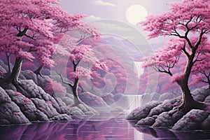 Beautiful 3D Nature and landscape wallpaper, Japanese Park with Cherry Blossom Tree