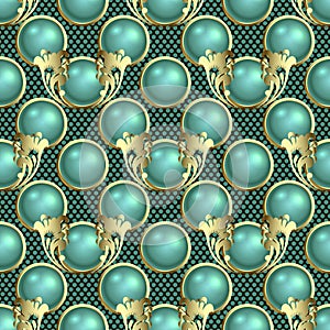 Beautiful 3d spheres seamless pattern. Vector ornamental textured polka dots background. Turquoise 3d balls with gold frames.