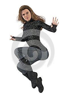Beautiful 3D woman in jumping urban fantasy pose isolated on white background