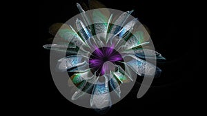 Beautiful abstract 3d colored flower, glowing flower petals on a black background. 3d render