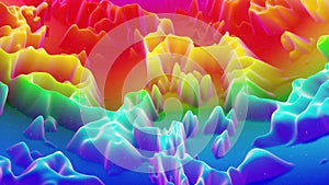 Beautiful abstract 3D surface with glitter sparkles, extruded or displaced waves transform in loop. Rainbow gradient