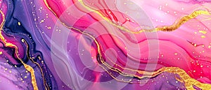 Beautiful abstract background with an alcohol ink marble pattern in blue and pink colors, with golden cracks lines, watercolor