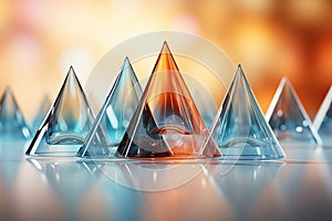 Beautiful abstract background. Transparent colorful glass piramids with bokeh lights. Copy space