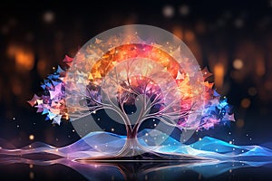 Beautiful abstract background. Transparent colorful glass tree with blur lights on black backgdrop