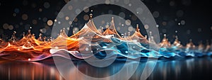 Beautiful abstract background. Transparent colorful glass waves or mountains with bokeh. Banner